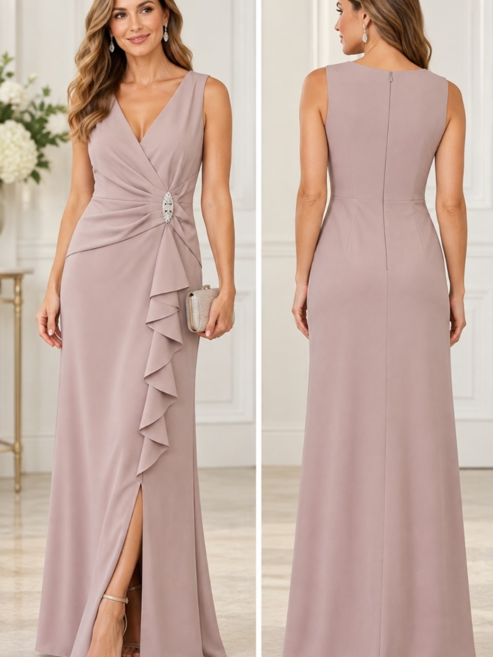Jessica Howard NWT Size 10 Mauve Rhinestone Ruffle Formal Maxi Gown